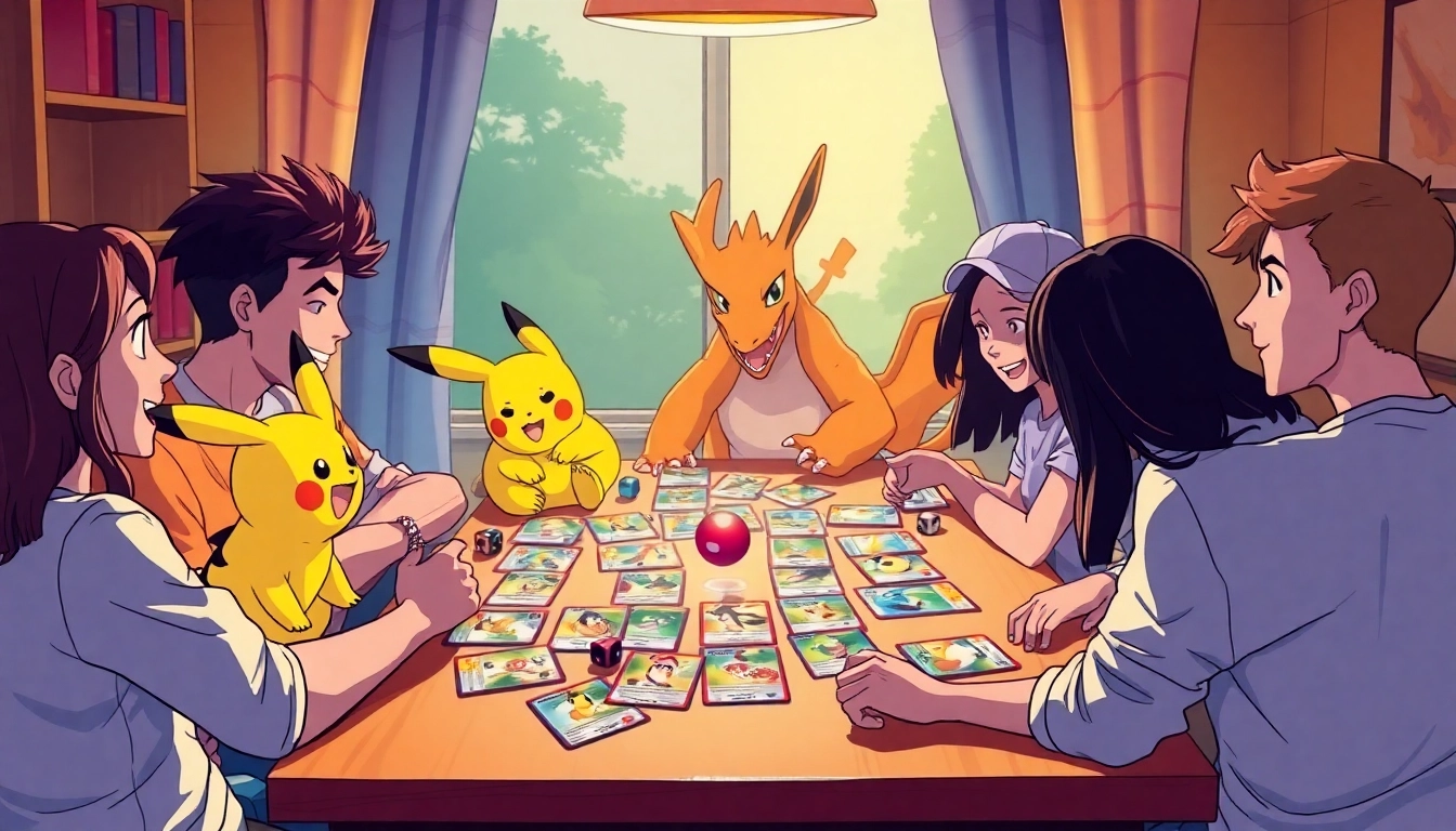 Exciting group of friends playing Pokémon TCG in India with colorful cards on the table.